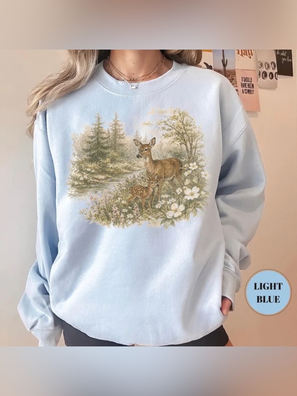 Light Blue Deer Woodland Sweatshirt, Floral Forest Crewneck, Boho Wildflowers